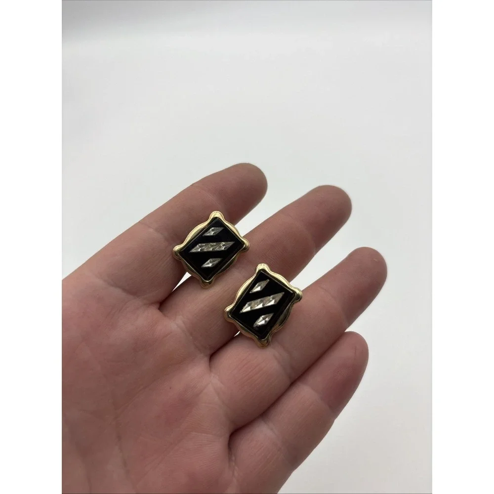 Vintage Black Glass Cufflinks Diamond Accents Gold Tone Rectangle Bullet Back J1